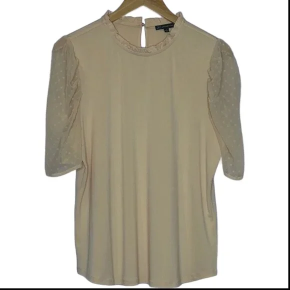 🆕Adrianna Papell Blouse 3/4 Polka Dot Sheer Sleeves Cream/Tan/Beige  Sz L - Picture 3 of 7